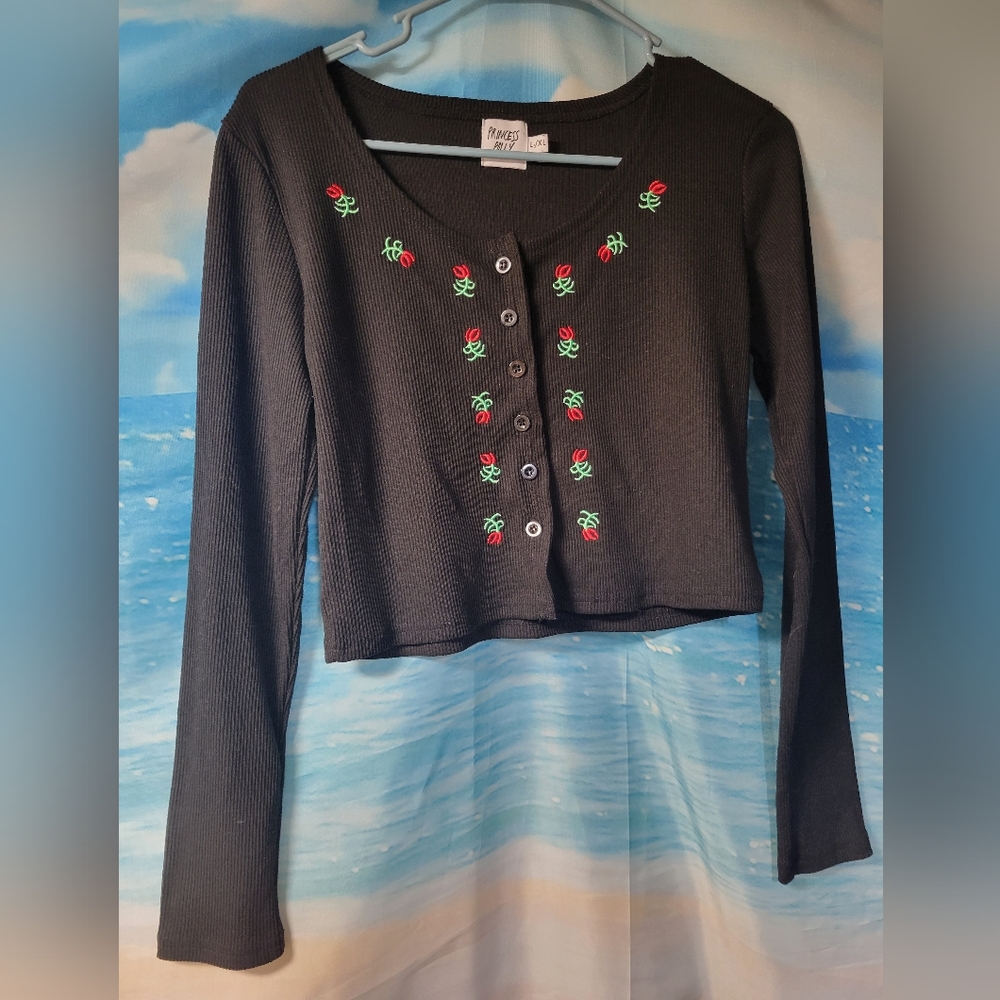 Princess Polly Button Down Cardigan Sweater Embroidered Roses Size‎ L/XL
